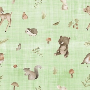 woodland animals green linen