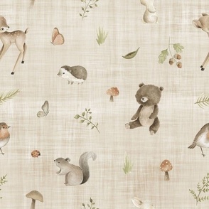 woodland animals brown linen