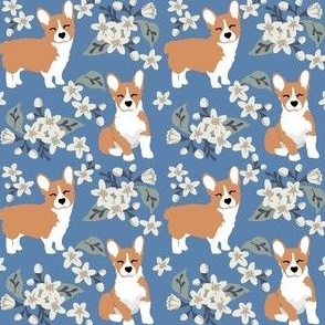 Corgi Dog Floral Blue Denim White flowers cute dog puppy - dog fabric 