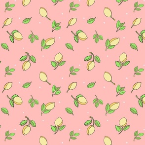 Yellow Lemons and white dots on pink