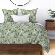 Deer Reiner yellow Birds singing_ the Christmas Stars of Woodland_Christmas Holidays green Toile