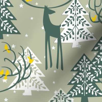 Deer Reiner yellow Birds singing_ the Christmas Stars of Woodland_Christmas Holidays green Toile