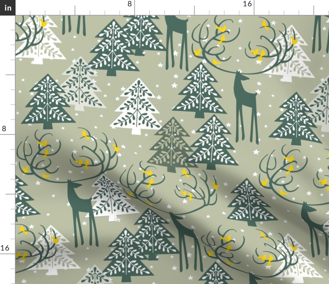 Deer Reiner yellow Birds singing_ the Christmas Stars of Woodland_Christmas Holidays green Toile