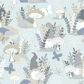 Hidden gnomes in the Garden - Soft Blue - 6" Repeat