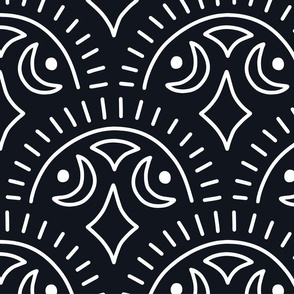 Modern Tribal Scallops - White on Black, Large