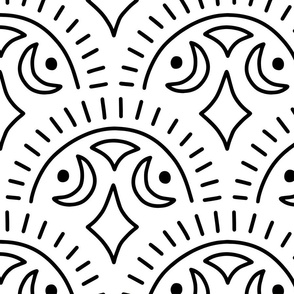 Modern Tribal Scallops - Black on White, Large