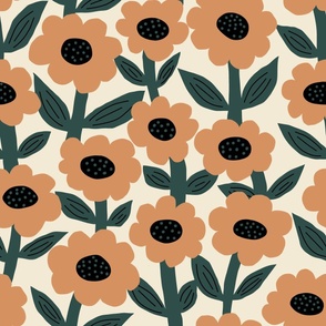 Bold Fat Flowers - cream, brown, green