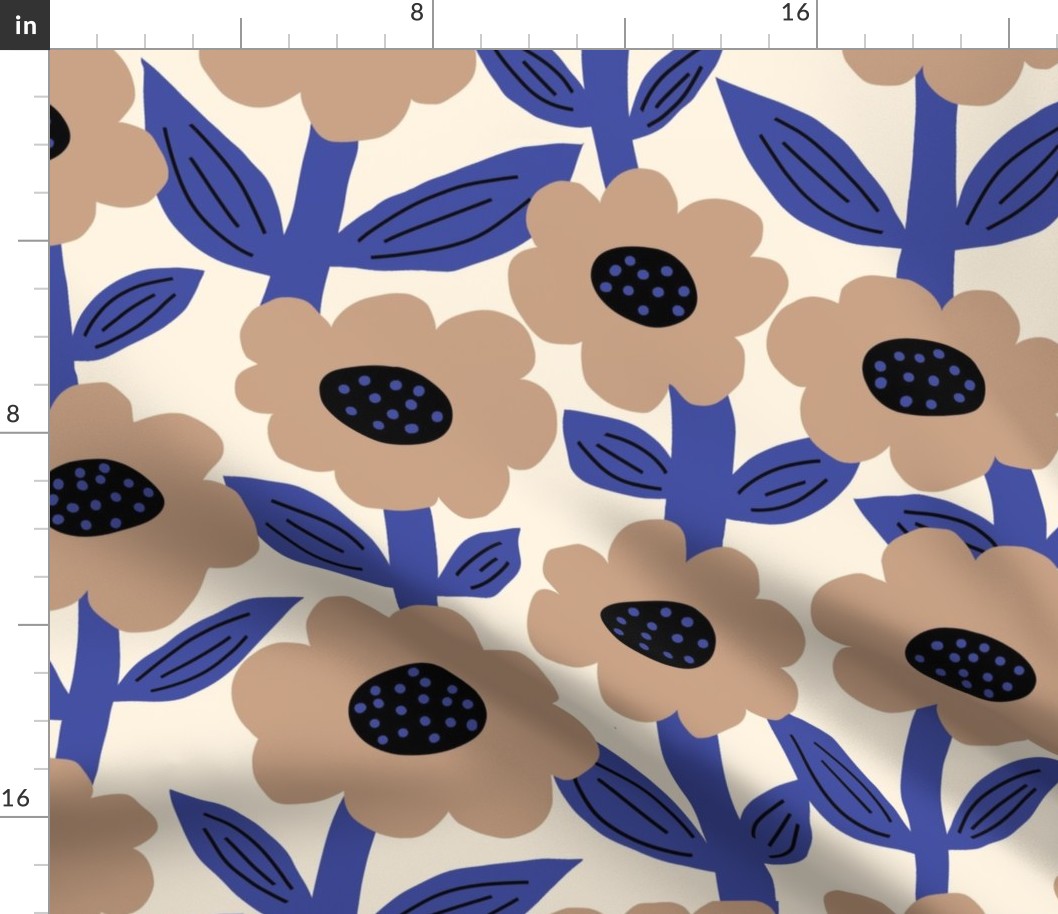 Bold Fat Flowers - Cream, indigo