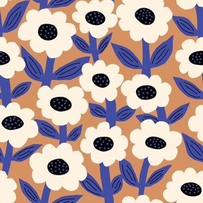 Bold Fat Flowers - Brown, cream & blue