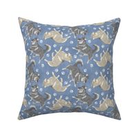 Trotting Swedish Vallhund and paw prints - faux denim