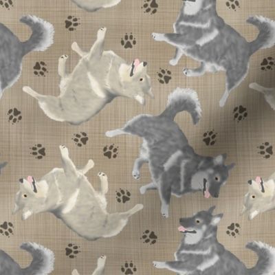 Trotting Swedish Vallhund and paw prints - faux linen