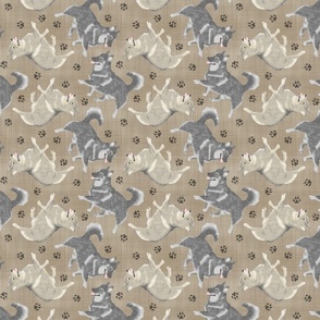 Trotting Swedish Vallhund and paw prints - faux linen