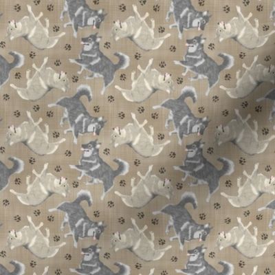 Tiny Trotting Swedish Vallhund and paw prints - faux linen