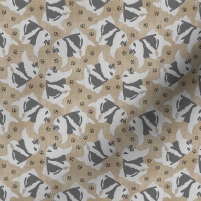 Tiny Trotting Keeshond and paw prints - faux linen