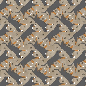 Trotting Greater Swiss Mountain Dog and paw prints - faux linen