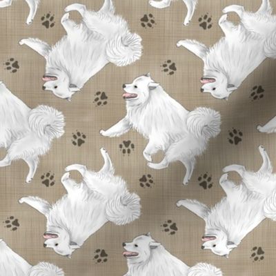 Trotting American Eskimo Dog and paw prints - faux linen