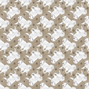 Trotting American Eskimo Dog and paw prints - faux linen