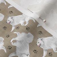 Tiny Trotting American Eskimo Dog and paw prints - faux linen