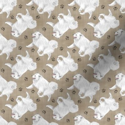 Tiny Trotting American Eskimo Dog and paw prints - faux linen