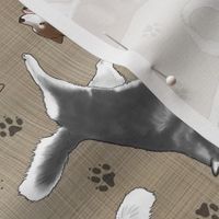 Trotting Siberian Husky and paw prints - faux linen