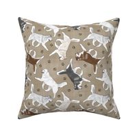 Trotting Siberian Husky and paw prints - faux linen