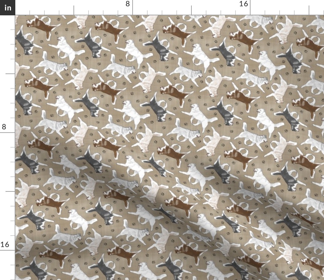 Tiny Trotting Siberian Husky and paw prints - faux linen