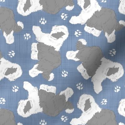 Trotting tailed Old English Sheepdogs - faux denim