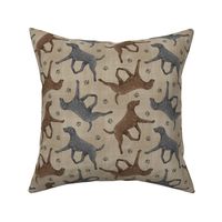 Trotting Curly Coated Retrievers and paw prints - faux linen