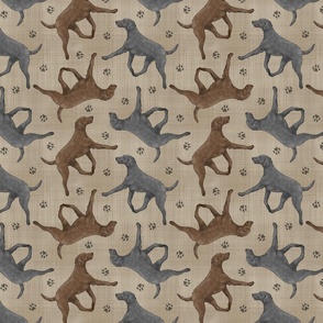 Trotting Curly Coated Retrievers and paw prints - faux linen