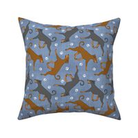 Trotting natural Doberman Pinschers and paw prints - faux denim