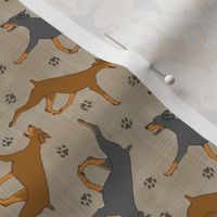 Tiny Trotting uncropped Doberman Pinschers and paw prints - faux linen