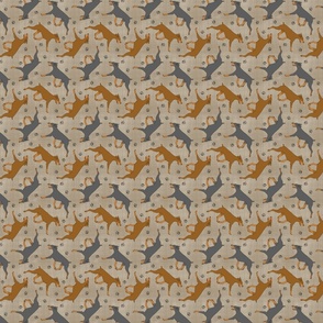 Tiny Trotting uncropped Doberman Pinschers and paw prints - faux linen