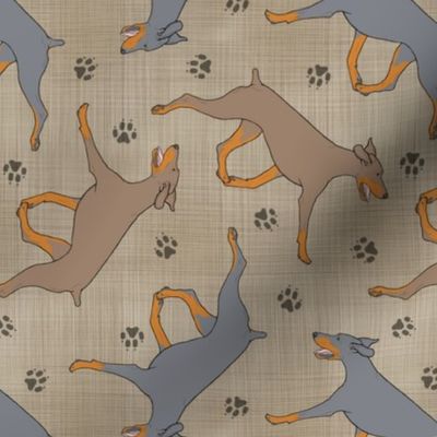 Trotting uncropped dilute Doberman Pinschers and paw prints - faux linen