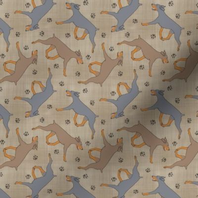 Tiny Trotting uncropped dilute Doberman Pinschers and paw prints - faux linen