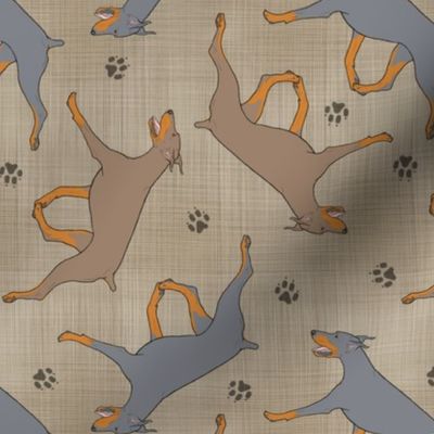 Trotting dilute Doberman Pinschers and paw prints - faux linen