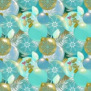 Christmas Baubles - Gold/Aqua- Very Small- 2 x 2 repeat