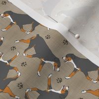 Tiny Trotting Entlebucher mountain dog and paw prints - faux linen