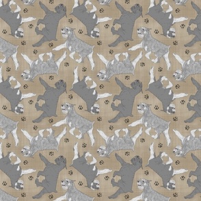 Trotting Standard Schnauzers and paw prints - faux linen