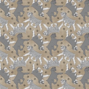 Trotting uncropped Standard Schnauzers and paw prints - faux linen
