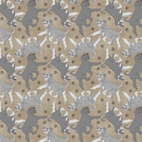Trotting natural Standard Schnauzers and paw prints - faux linen