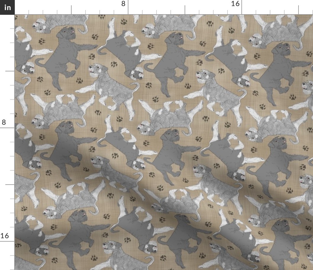 Trotting natural Standard Schnauzers and paw prints - faux linen