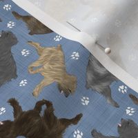 Tiny Trotting Pyrenean Shepherds rough face and paw prints - faux denim