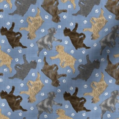 Tiny Trotting Pyrenean Shepherds rough face and paw prints - faux denim