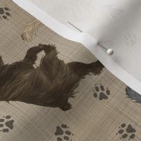 Trotting Pyrenean Shepherds rough face and paw prints - faux linen