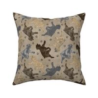 Trotting Pyrenean Shepherds rough face and paw prints - faux linen