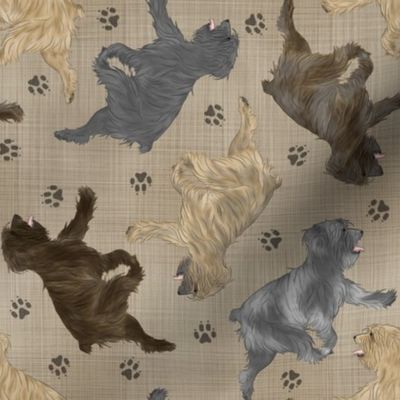 Trotting Pyrenean Shepherds rough face and paw prints - faux linen