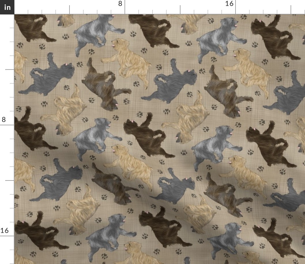 Trotting Pyrenean Shepherds rough face and paw prints - faux linen