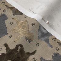 Tiny Trotting Pyrenean Shepherds rough face and paw prints - faux linen