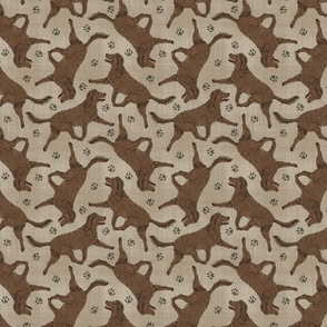 Trotting American Water Spaniel and paw prints - faux linen