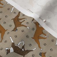 Tiny Trotting Boxers and paw prints - faux linen